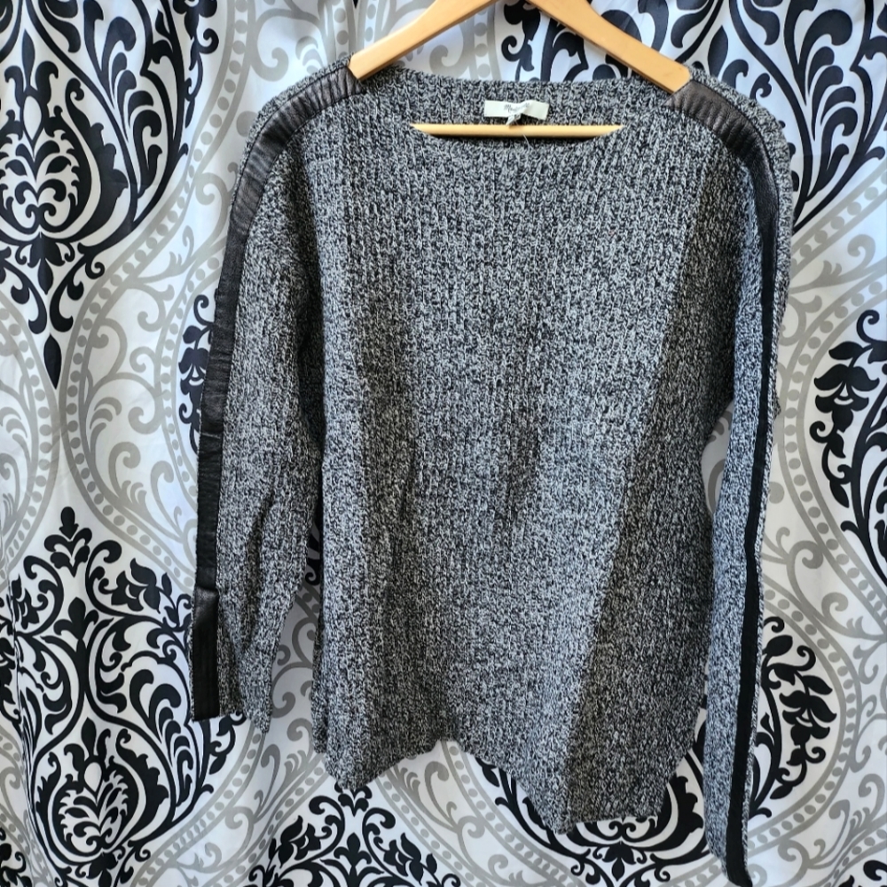 Heather Black Leather Stripe Pullover Sweater